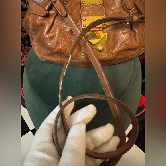AUTHENTIC Miu Miu Side Ribbon 2 Way Warm Brown Leather Gold Tone Hardware Bag - Picture 15 of 16